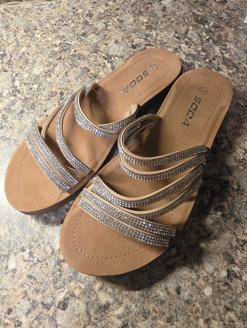 Soda Womens ULTIMA-S Double Strap Rhinestone Slide Sandal in Natural sz 8-1/2 M